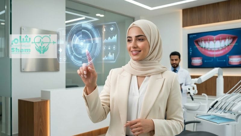 تجميل الأسنان في سوريا، تُظهر امرأة محجبة تبحث عن أجوبة عبر شاشة هولوغرافية حول تكلفة ابتسامة هوليود وأفضل أطباء الأسنان في دمشق عبر شركة شام للسياحة العلاجية.