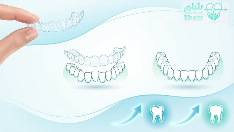 انفوجرافيك يوضح مراحل علاج التقويم الشفاف في سوريا والتحول من الأسنان المزدحمة إلى الابتسامة المثالية في  شام للساحة العلاجية