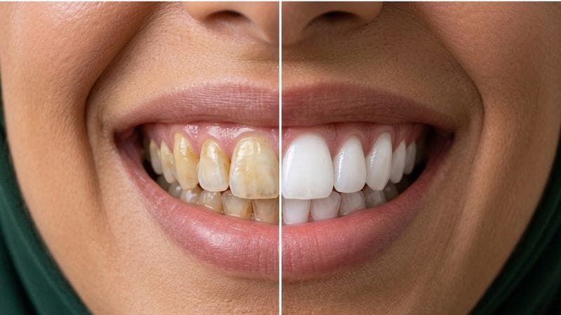 مقارنة حقيقية قبل وبعد تبييض الأسنان في سوريا، تُظهر إزالة التصبغات الصفراء والحصول على ابتسامة هوليود ناصعة البياض في عيادة أفضل دكتور تجميل أسنان بدمشق