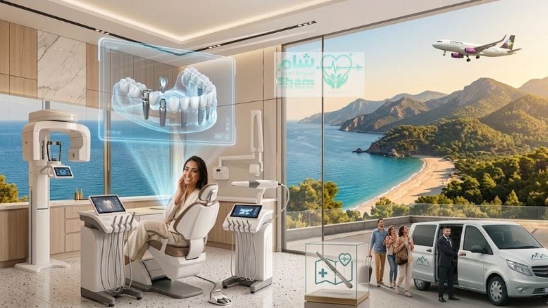 تقنيات زراعة الأسنان الرقمية في سوريا تظهر مريضة في العيادة مع عرض ثلاثي الأبعاد للأسنان وخلفية طبيعية لساحل سوريا وخدمات استقبال السياح.