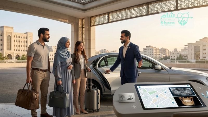 استقبال السياح في مطار دمشق لغرض السياحة العلاجية وتجميل الأسنان مع عرض الخرائط والأشعة السينية الرقمية.